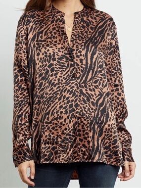 Rails Pearl Blouse Cinnamon Mixed Animal Print Silky Long Sleeve Top XL